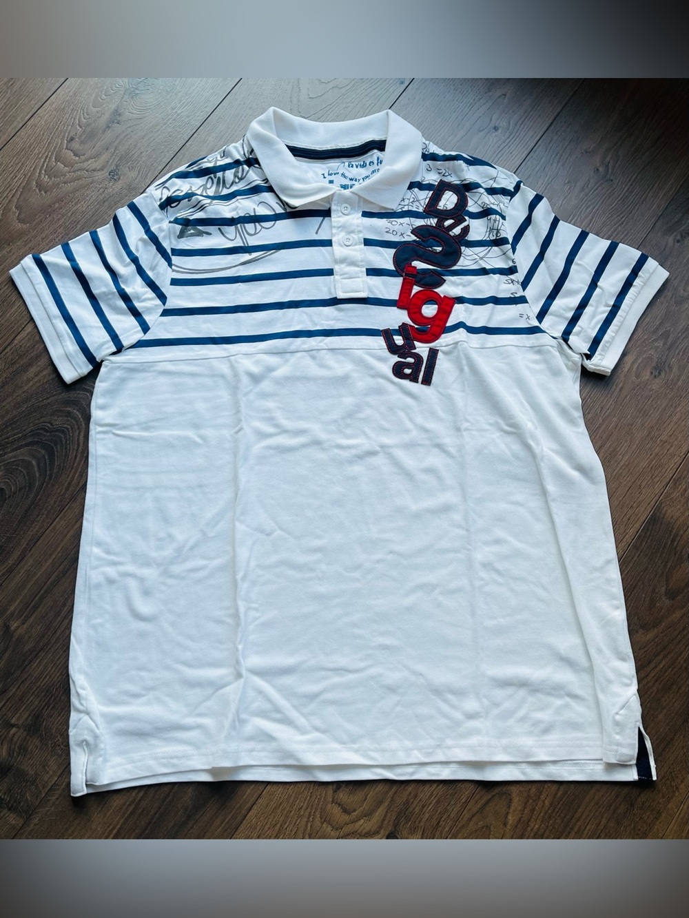 Desigual White & Navy Striped Polo with Red Logo Detail